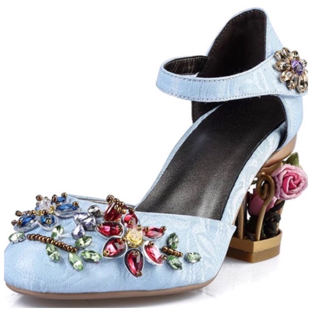 Handmade Blue Brocade Crystal Cage Shoes - Picture 6 of 9